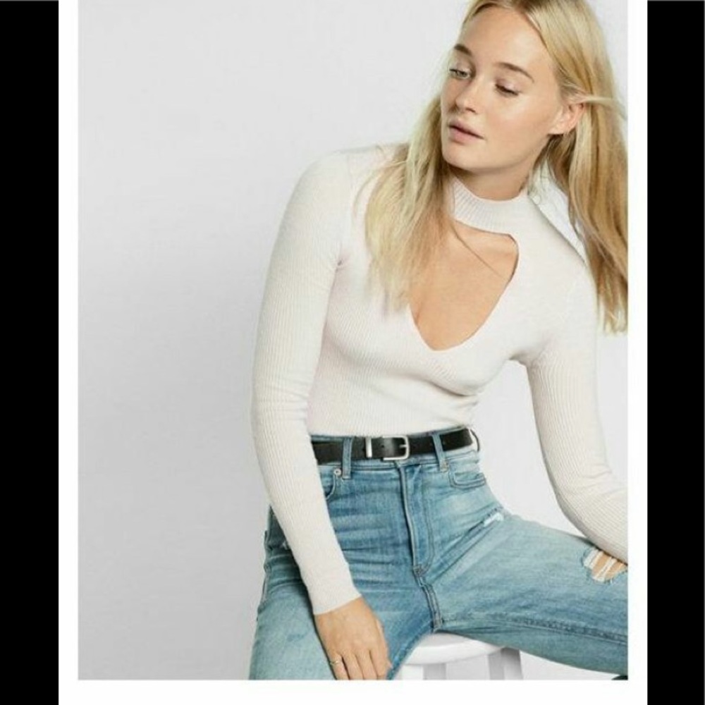 Express-Long Sleeve Ribbed Cut-Out Choker Sweater